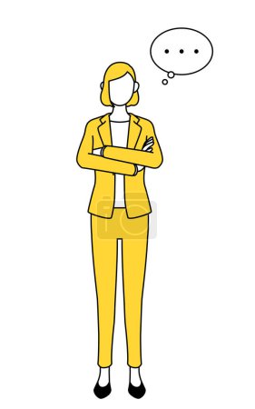 Simple line drawing illustration of a businesswoman in a suit,arms crossed,thinking.