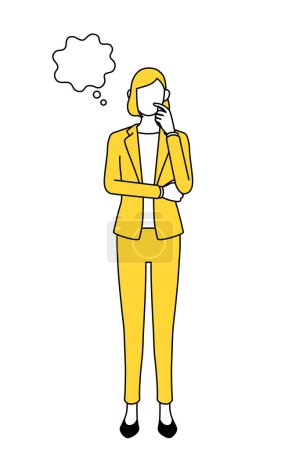 Einfache Linienzeichnung Illustration einer Geschäftsfrau im Anzug, die denkt, während sie sein Gesicht kratzt.
