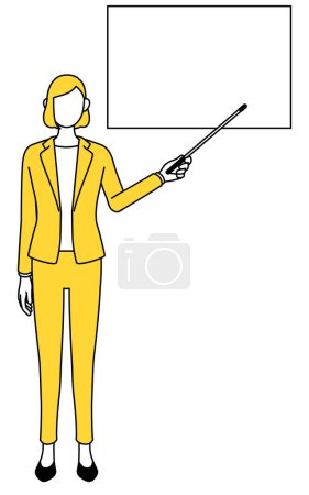 Simple line drawing illustration of a businesswoman in a suit pointing at a whiteboard with an indicator stick.