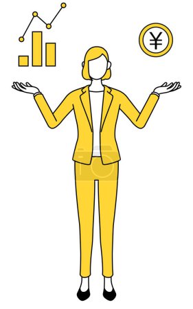 Einfache Linienzeichnung Illustration einer Geschäftsfrau in einem Anzug, die ein Bild von DXing, Perforwomance und Verkaufsverbesserung anführt.