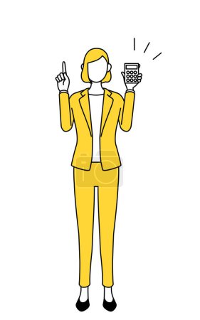 Simple line drawing illustration of a businesswoman in a suit holding a calculator and pointing.
