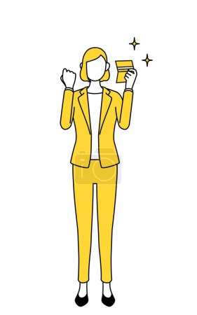 Simple line drawing illustration of a businesswoman in a suit who is pleased to see a bankbook.