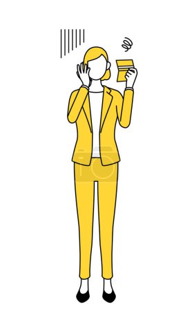 Einfache Linienzeichnung Illustration einer Geschäftsfrau im Anzug, die sein Sparbuch betrachtet und sich deprimiert fühlt.
