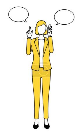 Simple line drawing illustration of a businesswoman in a suit pointing while on the phone.