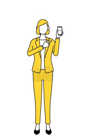Simple line drawing illustration of a businesswoman in a suit recommending cashless online payments on a smartphone.