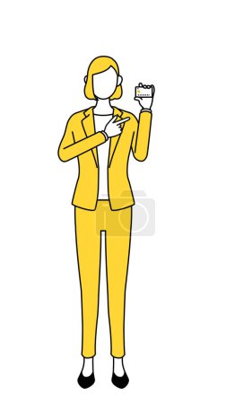 Simple line drawing illustration of a businesswoman in a suit recommending credit card payment.