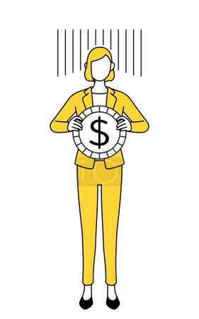 Illustration for Simple line drawing illustration of a businesswoman in a suit, an image of exchange loss or dollar depreciation - Royalty Free Image