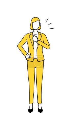 Simple line drawing illustration of a businesswoman in a suit tapping his chest.