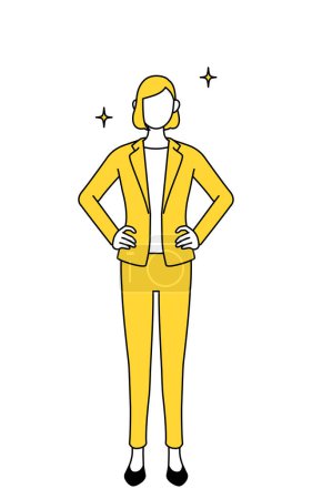 Einfache Zeichenillustration einer Geschäftsfrau im Anzug mit den Händen auf den Hüften.