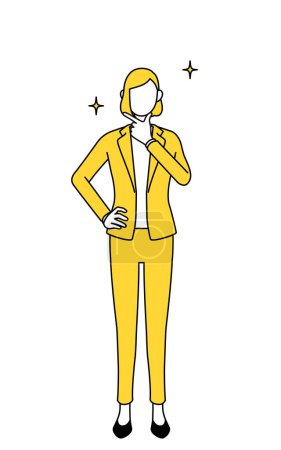 Simple line drawing illustration of a businesswoman in a suit in a confident pose.