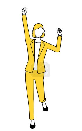 Simple line drawing illustration of a businesswoman in a suit smiling and jumping.