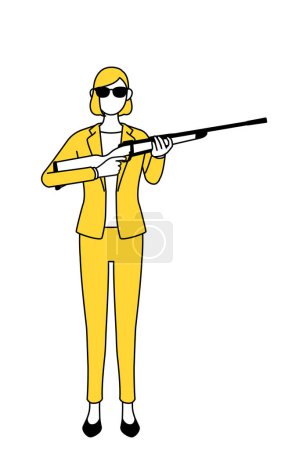 Simple line drawing illustration of a businesswoman in a suit wearing sunglasses and holding a rifle.
