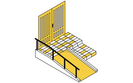 Ilustración de Remodelación del hogar, remodelación del hogar de ancianos con rampa delante de la entrada, ilustración isométrica simple, ilustración vectorial - Imagen libre de derechos