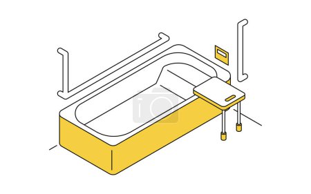 Ilustración de Remodelación del hogar, remodelación del cuidador para reemplazar una bañera poco profunda que es fácil de montar a horcajadas, ilustración isométrica simple, ilustración vectorial - Imagen libre de derechos