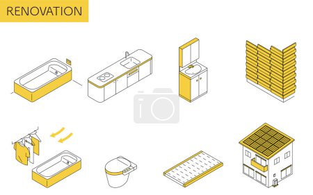 Einfache isometrische Illustration von Hausumbau, Systembad, Systemküche, Solarstromerzeugung usw., Vektorillustration