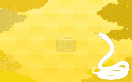Fondo estilo hoja de oro japonés de una serpiente blanca enrollada en una bobina, confeti y nubes en patrón japonés, Vector Illustration