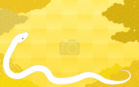 White Snake and Confetti, Japanese Pattern Clouds, Gold Leaf Style Japanese Background, Vector Illustration