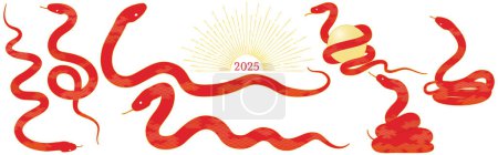 Nengajo (New Year's greeting card) material for the year of the snake 2025, set of poses of a red snake with Japanese pattern, Vector Illustration