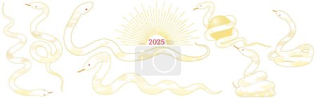 Nengajo (Tarjeta de Año Nuevo) material para el año de la Serpiente 2025, conjunto de poses de una serpiente blanca con patrón japonés, Vector Illustration