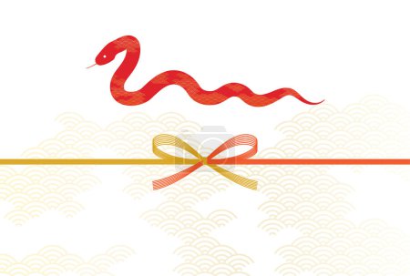 Carte du Nouvel An simple pour l'année du serpent 2025, Fond de motif japonais avec mizuhiki et serpent rouge, Illustration vectorielle