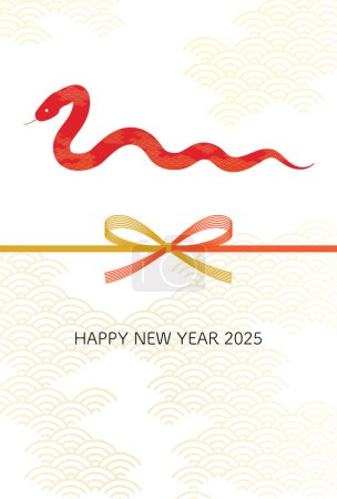 Simple New Year's card for the year of the snake 2025,  Japanese Pattern background with mizuhiki and red snake, Vector Illustration