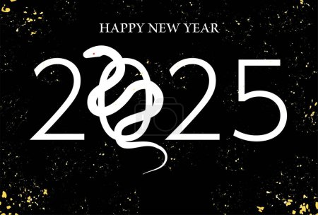 New Year's card for the year of the snake 2025, snake silhouette and the word 2025, black background, Vector Illustration