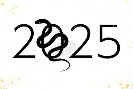 Neujahrskarte für das Schlangenjahr 2025, Schlangensilhouette und das Wort 2025, weißer Hintergrund, Vektorillustration