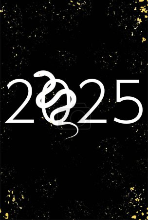 Neujahrskarte für das Schlangenjahr 2025, Schlangensilhouette und das Wort 2025, schwarzer Hintergrund, Vektorillustration
