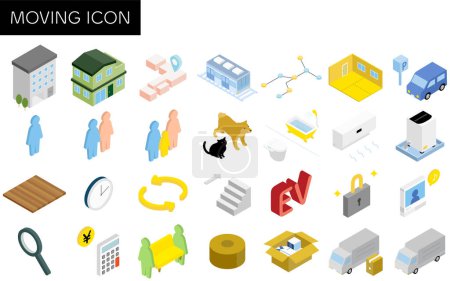 Finding a room for rent: moving icon set, isometric illustration						, Vector Illustration