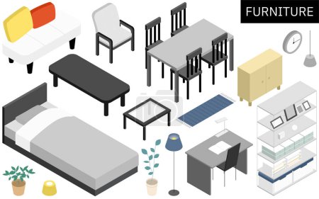 Isometrische Darstellung von Möbeln, die für ein neues Leben benötigt werden, Vektor Illustration