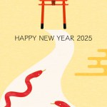 New Year's postcard for the year of the snake 2025, a snake heading for the torii gate of a shrine for the first time, New Year's postcard material - Translation: Thank you again this year. Reiwa 7. Snake