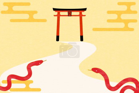 Neujahrspostkarte für das Jahr der Schlange 2025, eine Schlange, die zum ersten Mal das Torii-Tor eines Schreins ansteuert, Neujahrspostkartenmaterial - Übersetzung: Nochmals vielen Dank in diesem Jahr. Reiwa 7. Schlange