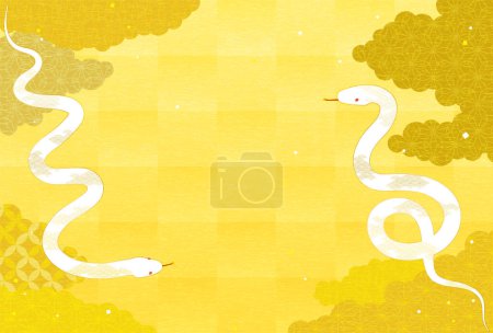 New Year's card for the year of the Snake 2025, with two white snakes and a Japanese pattern sea of clouds, Vector Illustration