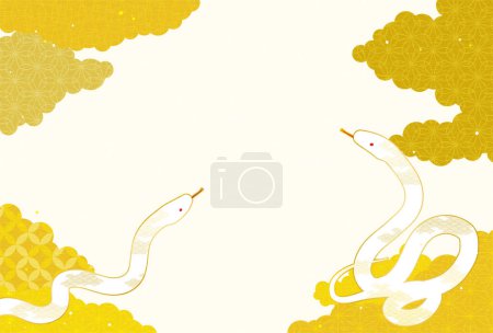 Carte du Nouvel An pour l'année du Serpent 2025, avec deux serpents blancs et une mer de nuages motif japonais, Illustration vectorielle