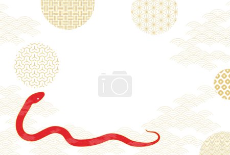 2025 Year of the Snake New Year greeting card with red snake and Japanese pattern background, Vector Illustration