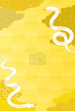 Tarjeta de Año Nuevo para el año de la Serpiente 2025, con dos serpientes blancas y un patrón japonés mar de nubes, Vector Illustration