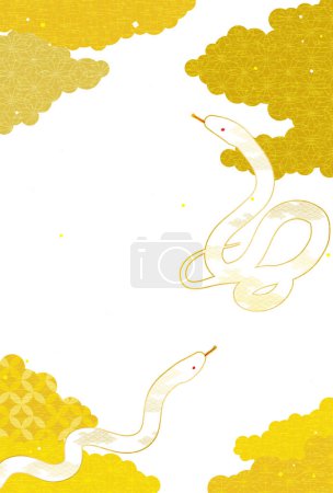 Neujahrskarte für das Jahr der Schlange 2025 mit zwei weißen Schlangen und einem japanischen Wolkenmeer, Vector Illustration