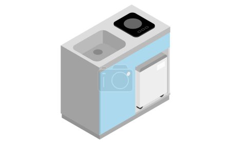 Studio rental: Kitchen with mini-fridge (IH stove), isometric illustration, Vector Illustration