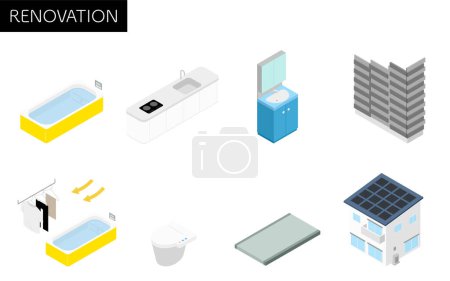 Simple isometric illustration of home remodeling, system bath, system kitchen, solar power generation, etc, Vector Illustration
