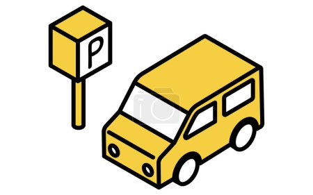 Alquiler: Coche aparcado en estacionamiento, ilustración isométrica, ilustración vectorial