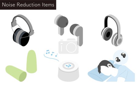 Illustrated set of user-friendly noise-reducing products - Translation: Easy-to-use noise reduction products
