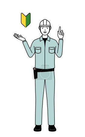 Man in helmet and workwear showing the symbol for young leaves, Vector Illustration