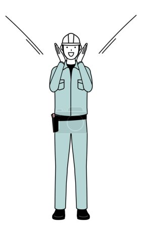 Hombre con casco y ropa de trabajo gritando con la mano sobre la boca, Vector Illustration