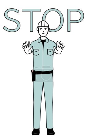 Man in helmet and workwear with his hands out in front of his body, signaling a stop, Vector Illustration