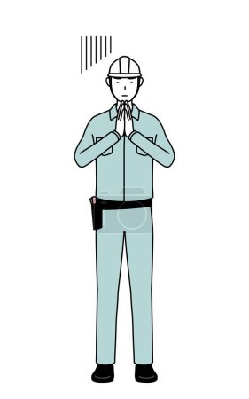 Ilustración de Hombre con casco y ropa de trabajo disculpándose con las manos delante de su cuerpo, Vector Illustration - Imagen libre de derechos