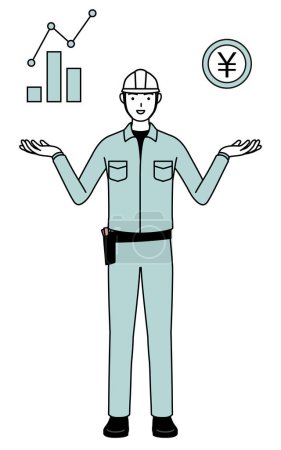 Man in helmet and workwear guiding an image of DX, performance and sales improvement, Vector Illustration