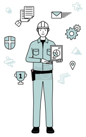 Bild von DX, Mann in Helm und Arbeitskleidung mit digitaler Technologie, um sein Geschäft zu verbessern, Vector Illustration