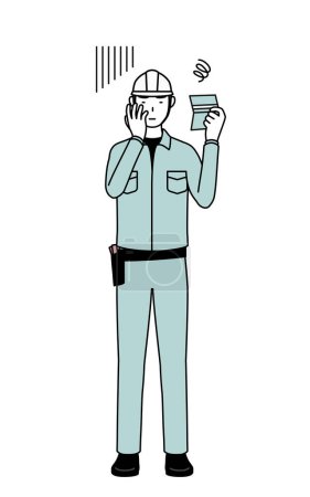 Ilustración de Hombre con casco y ropa de trabajo mirando su libreta y sintiéndose deprimido, Vector Illustration - Imagen libre de derechos