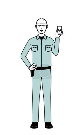 Homme en casque et vêtements de travail utilisant un smartphone au travail, Illustration vectorielle