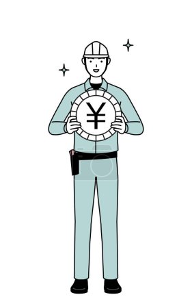 Ilustración de Hombre con casco y ropa de trabajo una imagen de las ganancias de cambio de divisas y la apreciación del yen, Vector Illustration - Imagen libre de derechos